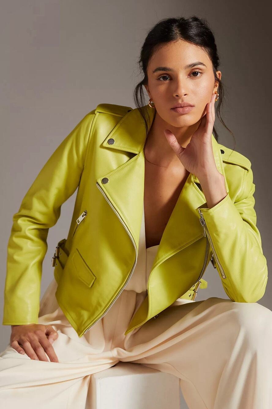 Walter Baker Liz 100% Leather Moto Jacket Chartreuse Lime Green Large Biker